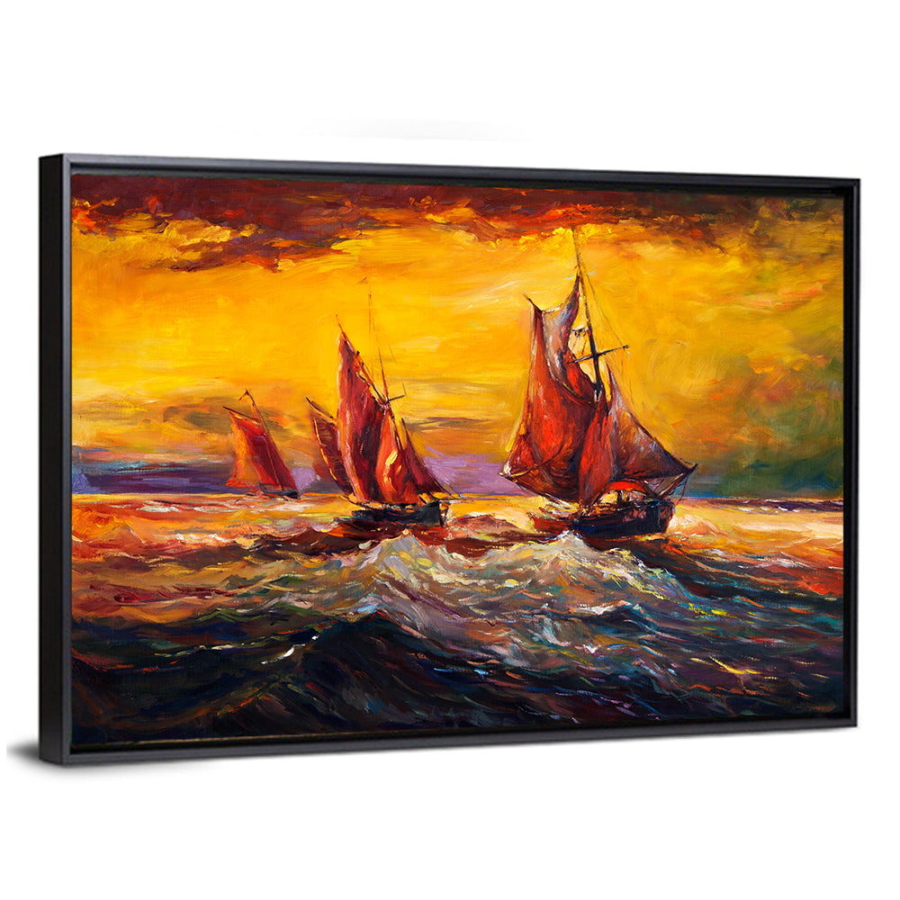 Three Sailboats at Sunset Wall Art