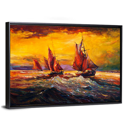 Three Sailboats at Sunset Wall Art