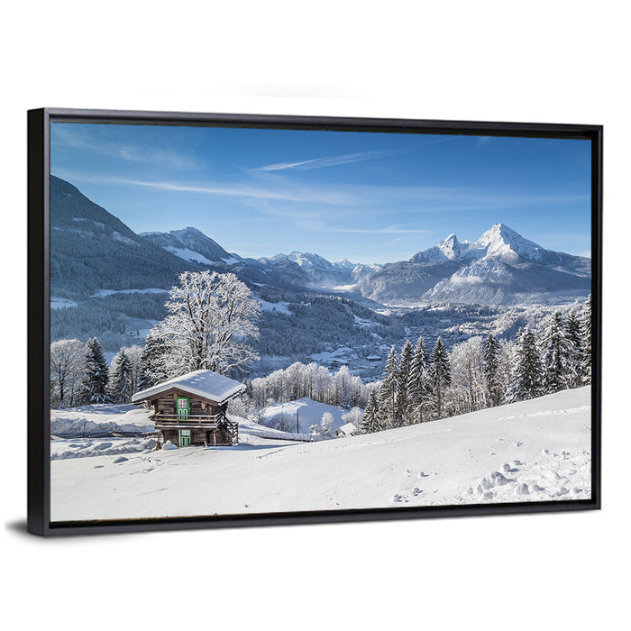 Berchtesgaden Alpine Cabin Scene Wall Art as a framed canvas