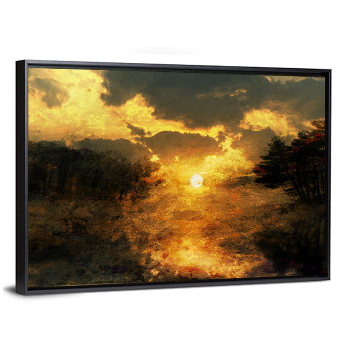 Golden Sunset Over Lake Wall Art as a framed canvas
