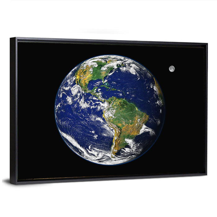 America from Space with Moon Wall Art as a framed canvas