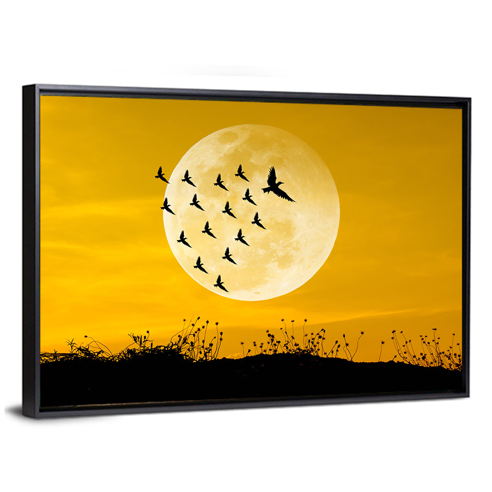Moonlit Birds Over Wildflowers Wall Art