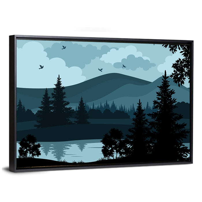 Flying Birds Over Mountain Lake Wall Art as a framed canvas