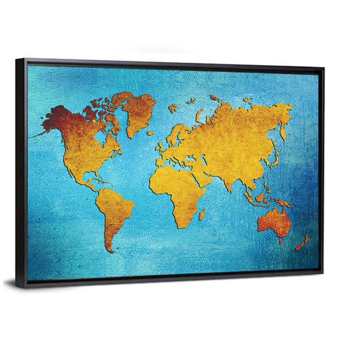 Distressed Blue World Map Wall Art as a framed canvas