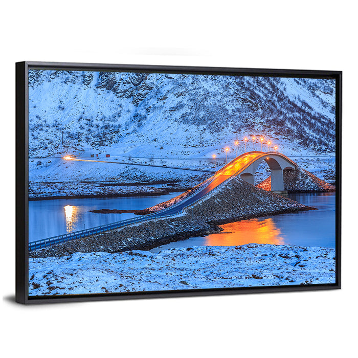 Fredvang Bridges at Twilight Wall Art as a framed canvas