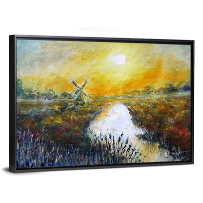 Windmill at Sunrise Over River Wall Art