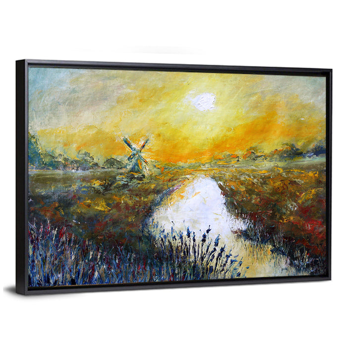 Windmill at Sunrise Over River Wall Art as a framed canvas