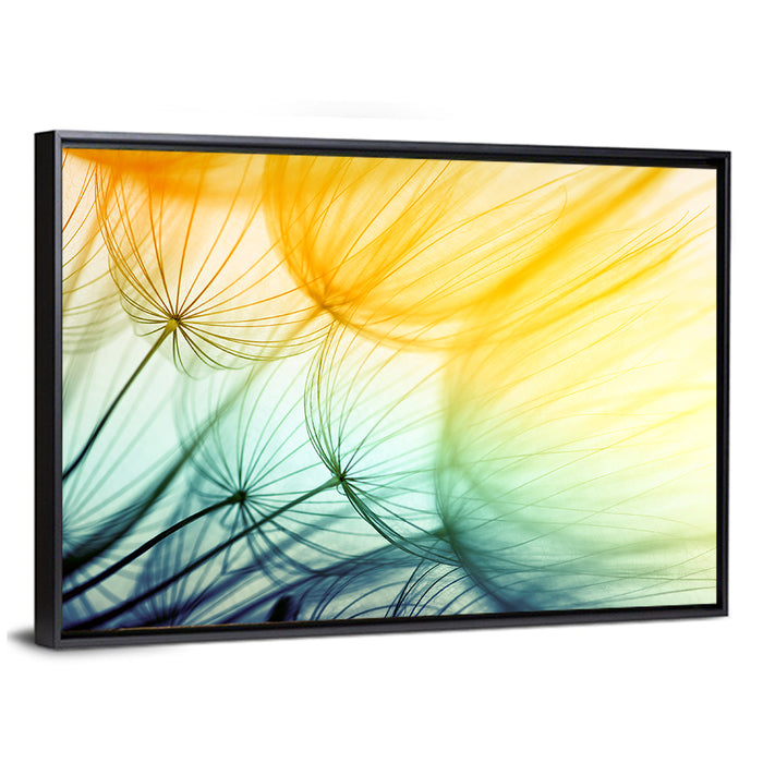 Sunlit Dandelion Seed Macro Wall Art as a framed canvas