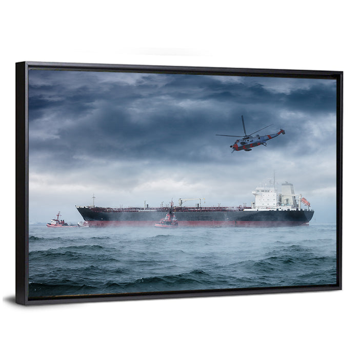 Rescue Helicopter Over Cargo Ship Wall Art as a framed canvas