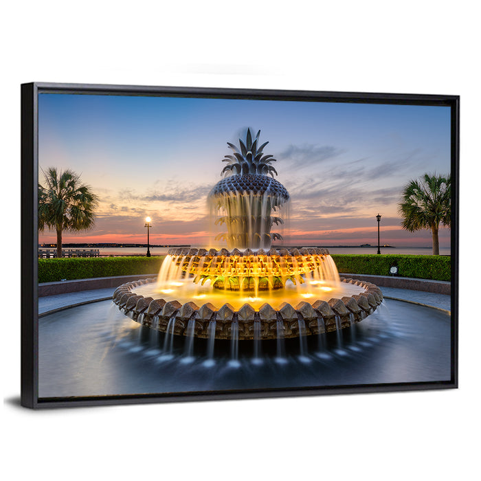 Charleston Pineapple Fountain at Dusk Wall Art as a framed canvas