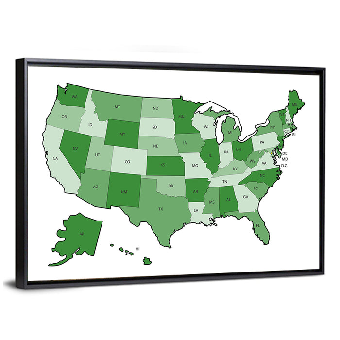 United States Political Map Wall Art as a framed canvas