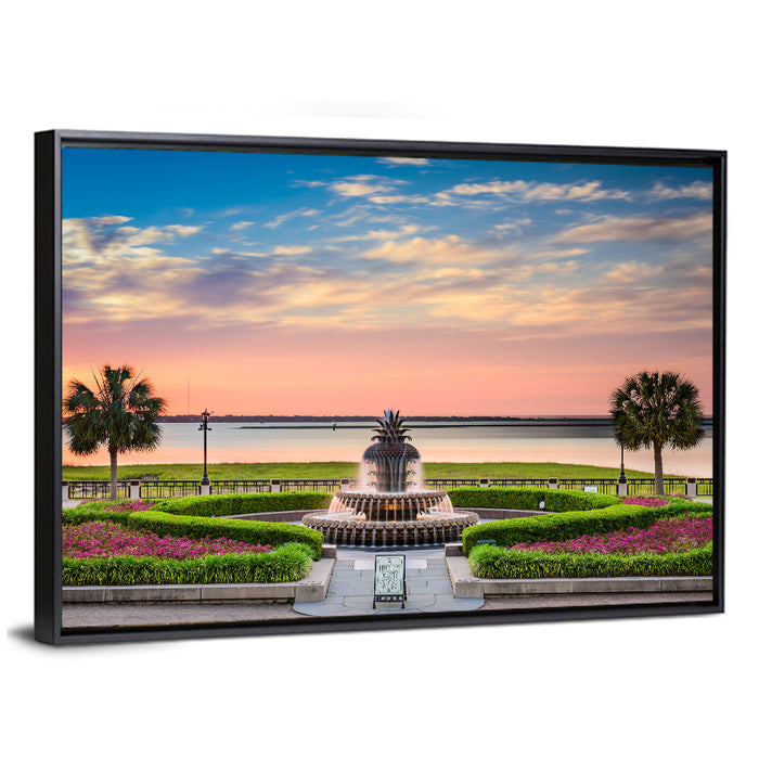 Charleston Pineapple Fountain at Sunset Wall Art as a framed canvas