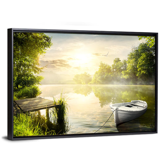 Rowboat at Misty Dock Wall Art