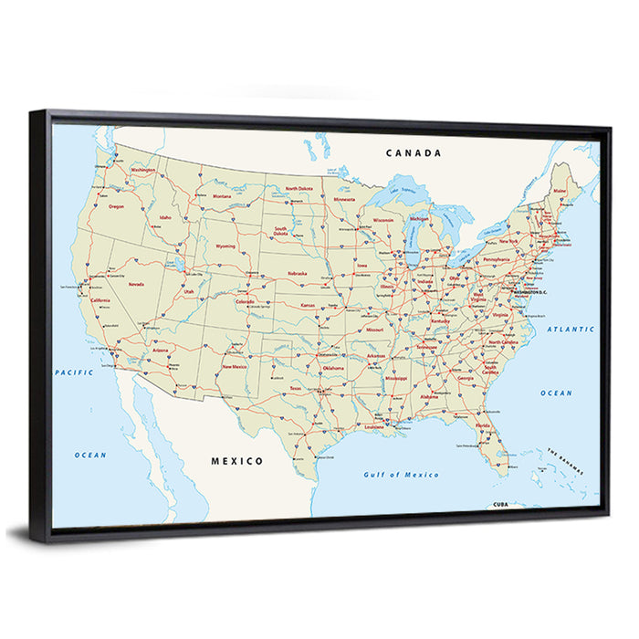 United States Interstate Map Wall Art as a framed canvas