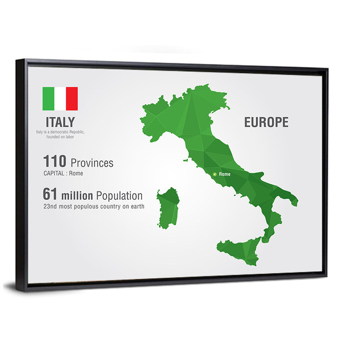 Geometric Italy Map Infographic Wall Art as a framed canvas