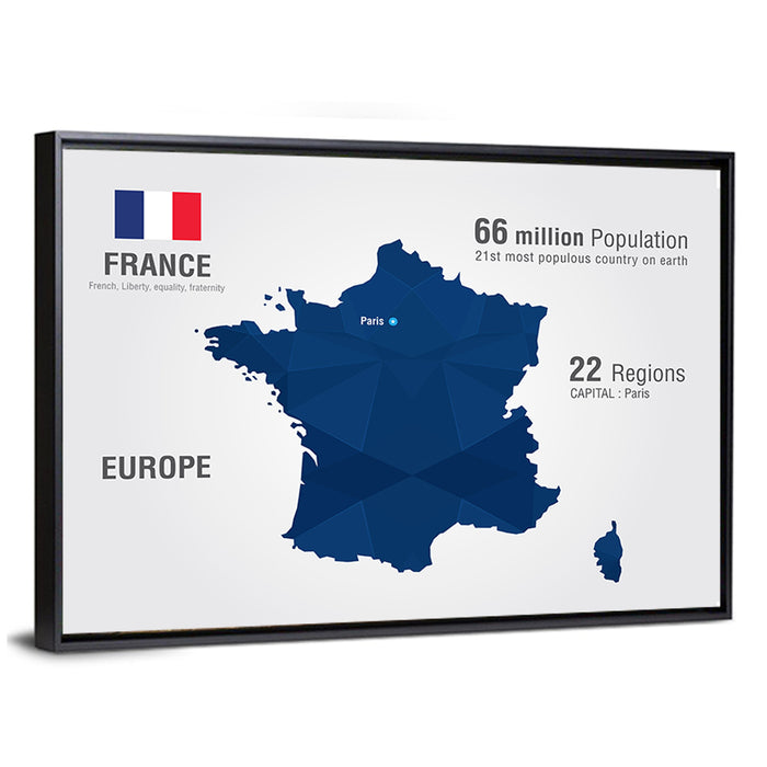 Geometric France Map with Flag Wall Art as a framed canvas