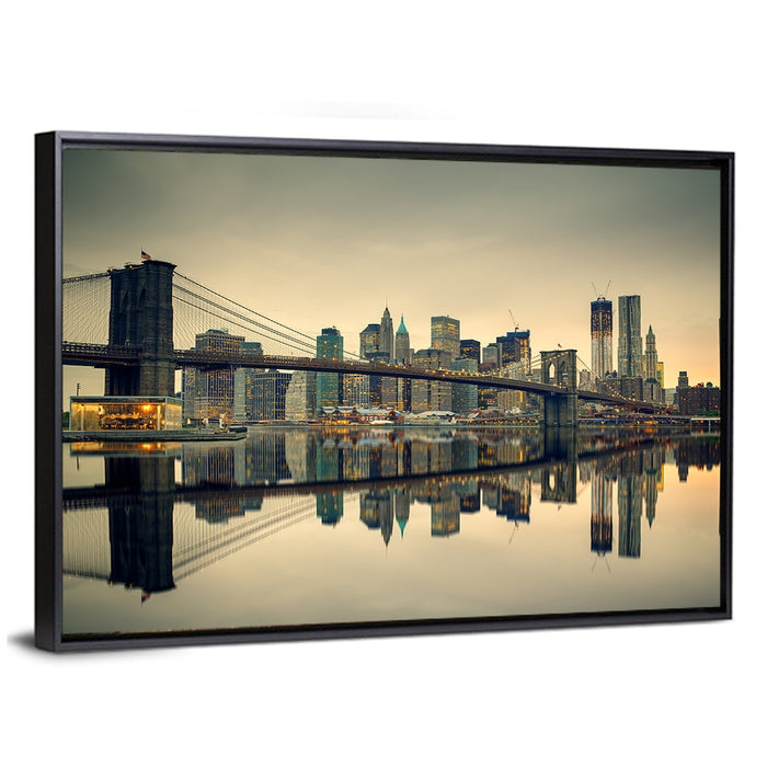 Brooklyn Bridge at Dusk, Manhattan Skyline Wall Art as a framed canvas