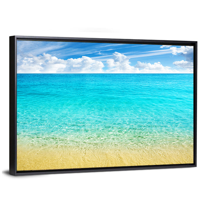 Cloudy Summer Beach Wall Art as a framed canvas