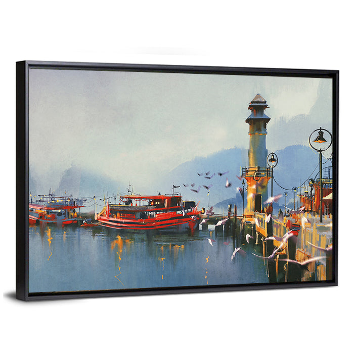 Fishing Boat at Misty Harbor Wall Art as a framed canvas