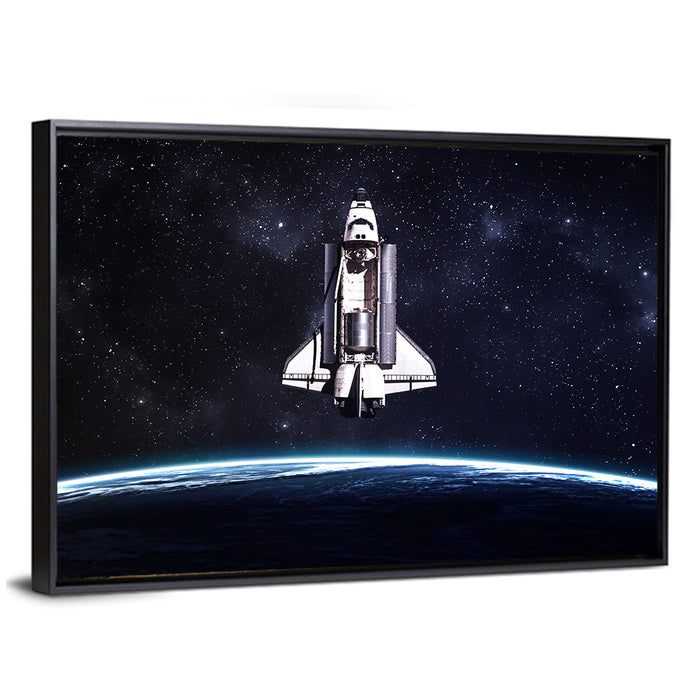 Space Shuttle Over Curved Earth Wall Art as a framed canvas