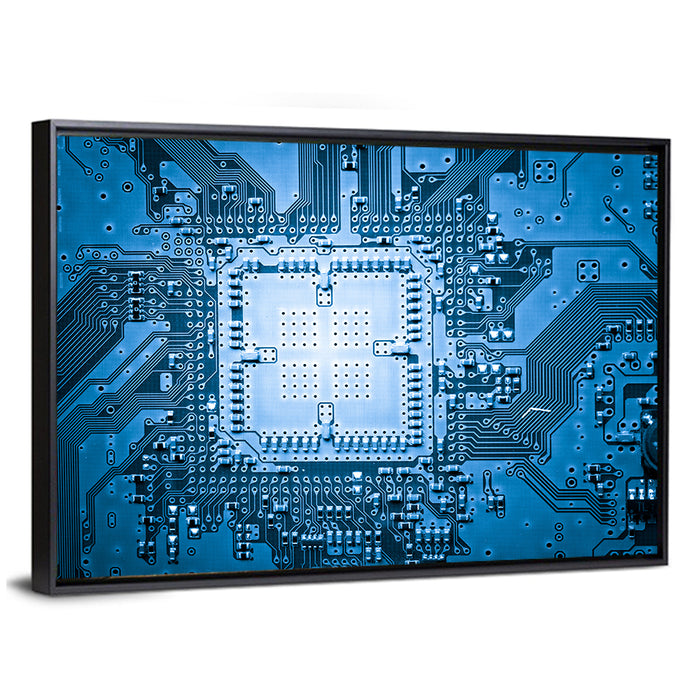 Blue Circuit Board Close-up Wall Art as a framed canvas