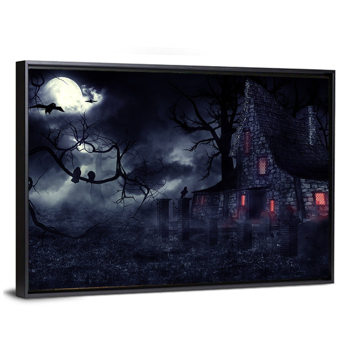 Haunted House Under Full Moon Wall Art as a framed canvas