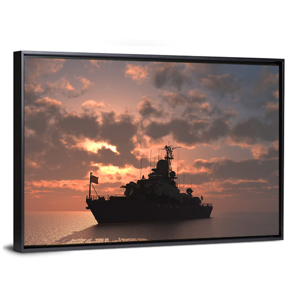 Warship Silhouette at Sunset Wall Art