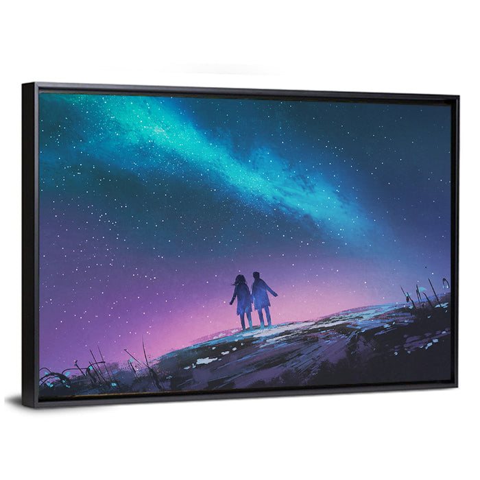 Milky Way Nightscape with Silhouetted Couple Wall Art as a framed canvas