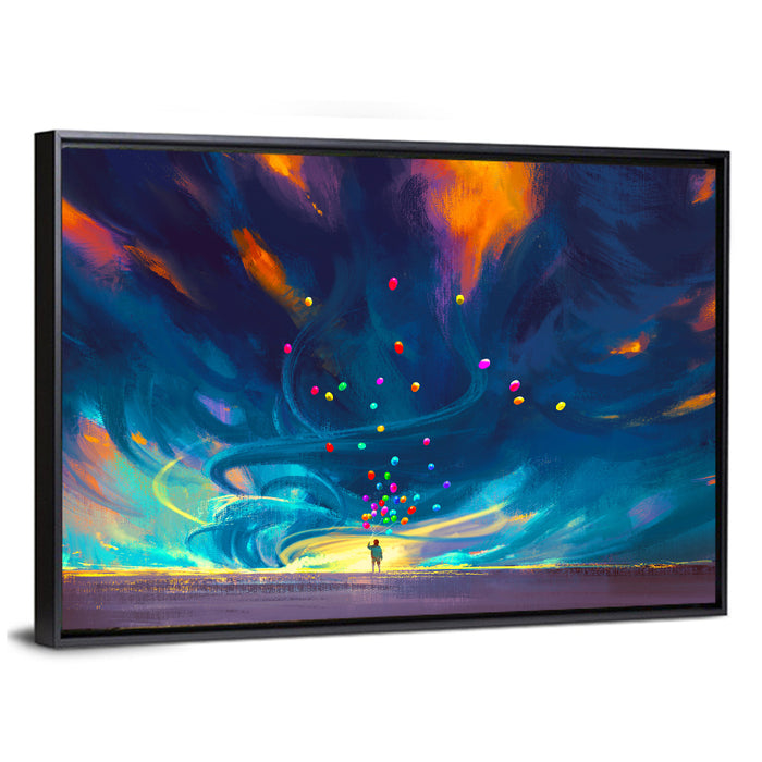 Child Under Fantasy Storm Wall Art as a framed canvas