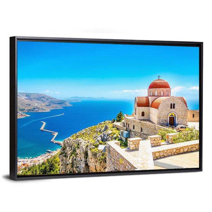 Cliffside Church in Greece Wall Art as a framed canvas