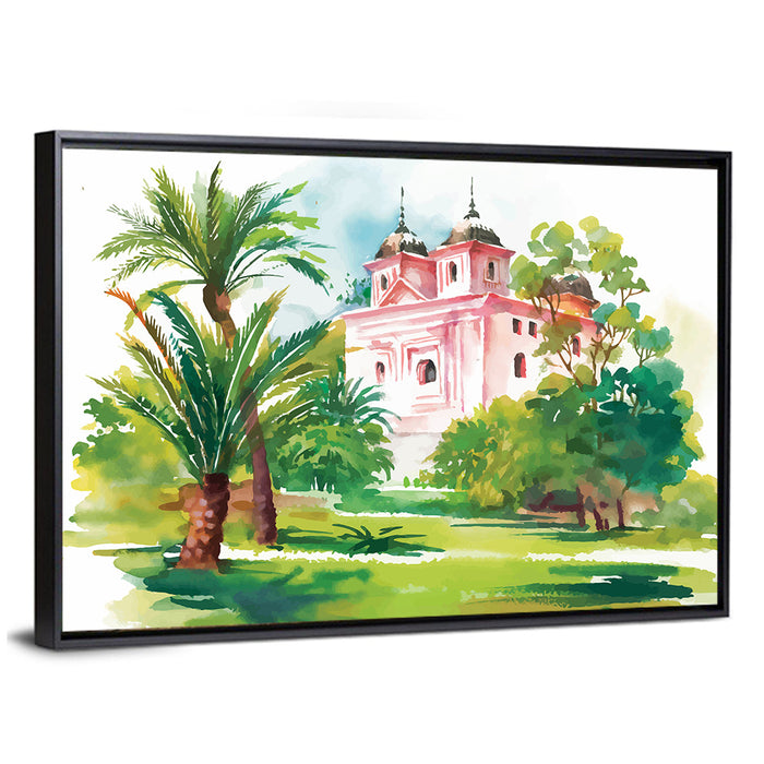 Pink House in Garden Illustration Wall Art as a framed canvas