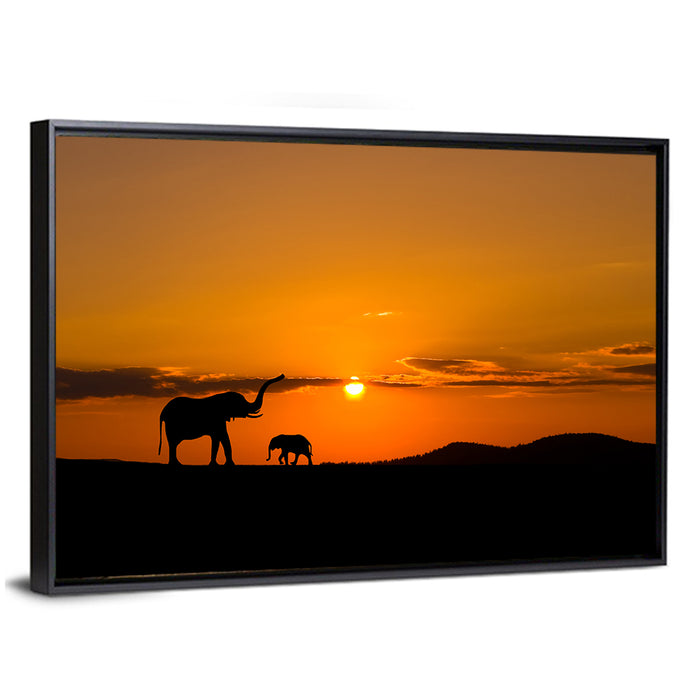 Savannah Elephant Silhouettes Wall Art as a framed canvas