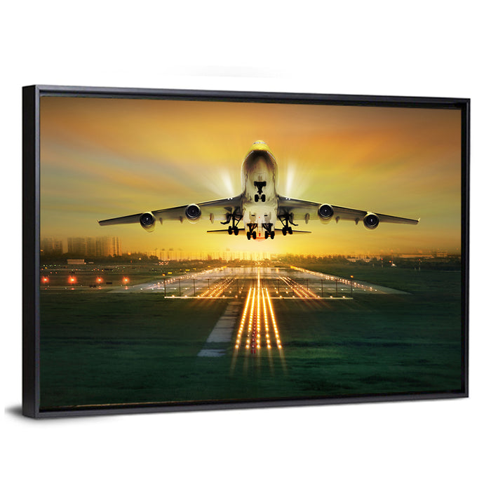 Passenger Plane Over Runway at Dusk Wall Art as a framed canvas