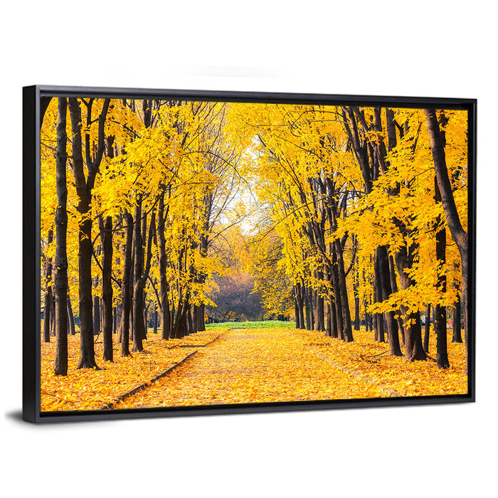 Golden Autumn Park Path Wall Art as a framed canvas