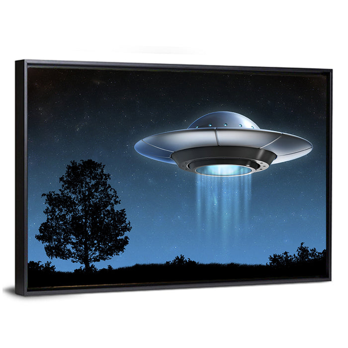 Ufo Over Silhouetted Grassland Wall Art as a framed canvas