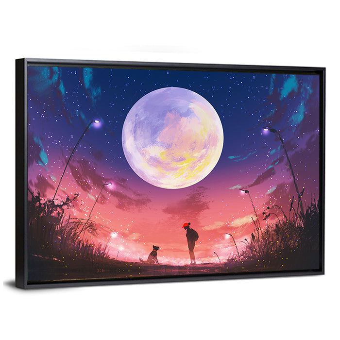 Woman and Dog Beneath Oversized Moon Wall Art as a framed canvas