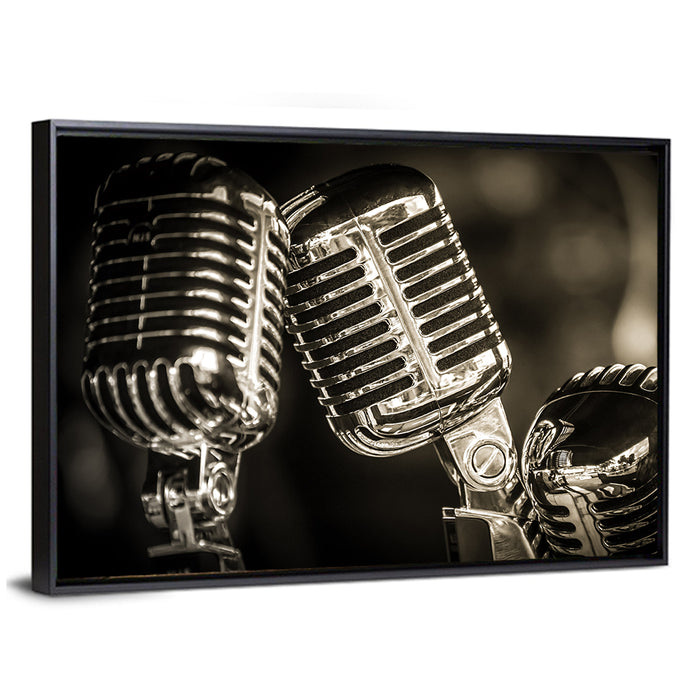 Three Vintage Studio Microphones Wall Art as a framed canvas
