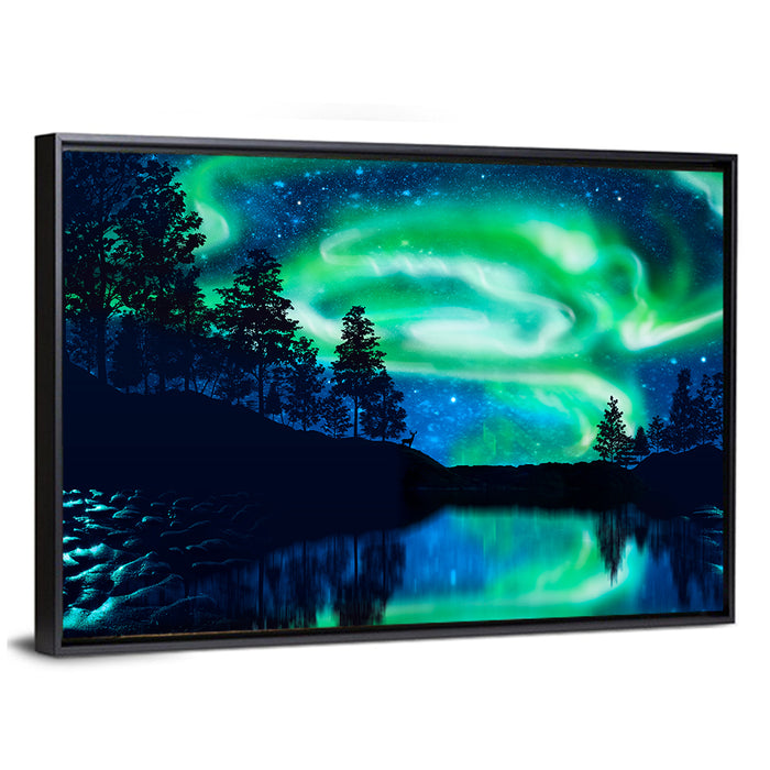 Northern Lights Over Mountain Lake Wall Art as a framed canvas