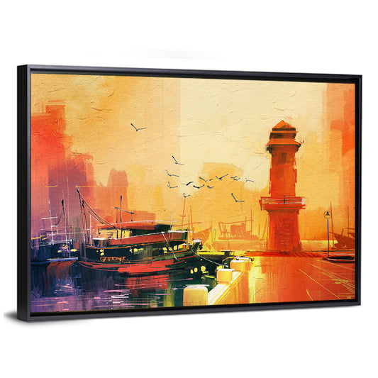 Golden Harbor Lighthouse and Fishing Boat Wall Art