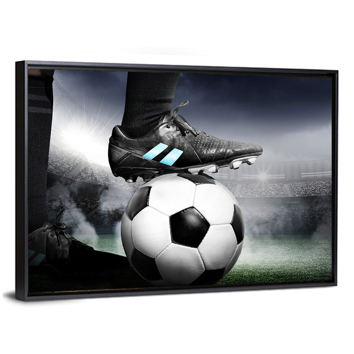 Low Angle Soccer Cleat Close Up Wall Art as a framed canvas