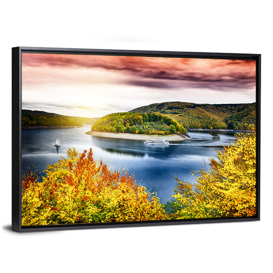 Autumn Sunset Over Lake with Boat Wall Art