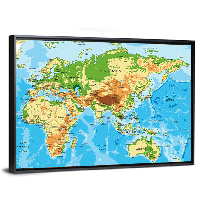 Physical World Map Wall Art as a framed canvas