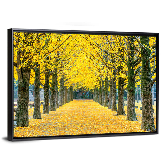 Row of Yellow Ginkgo Trees Wall Art as a framed canvas