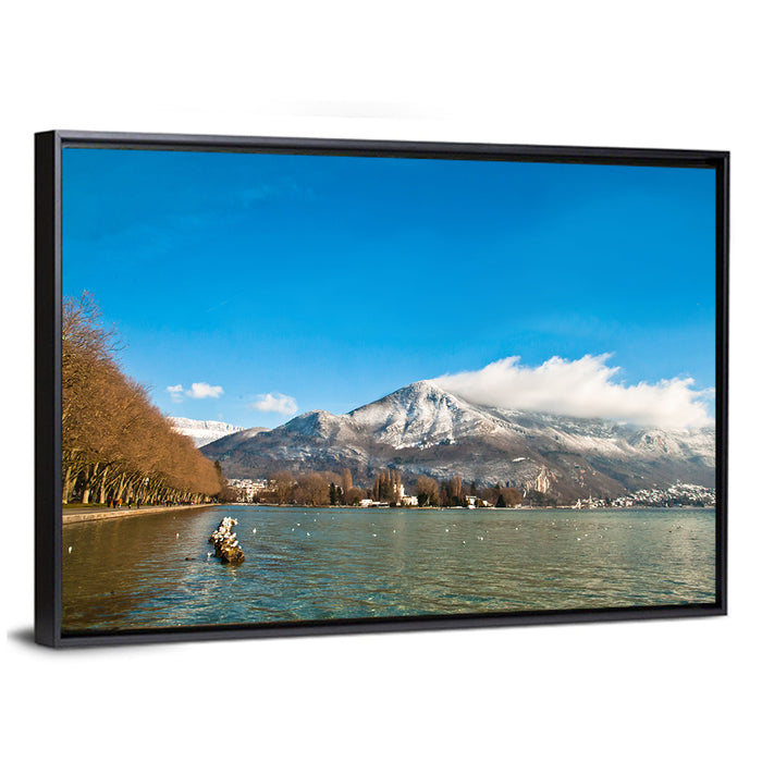 Lake Annecy Winter View Wall Art as a framed canvas