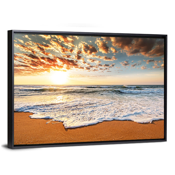 Foamy Shoreline at Sunrise Wall Art as a framed canvas