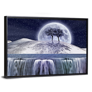 Waterfall & Snowy Mountain In Moonlight Wall Art