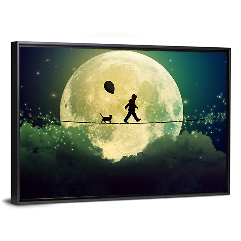 Happy Boy and Cat Under Moonlight Wall Art
