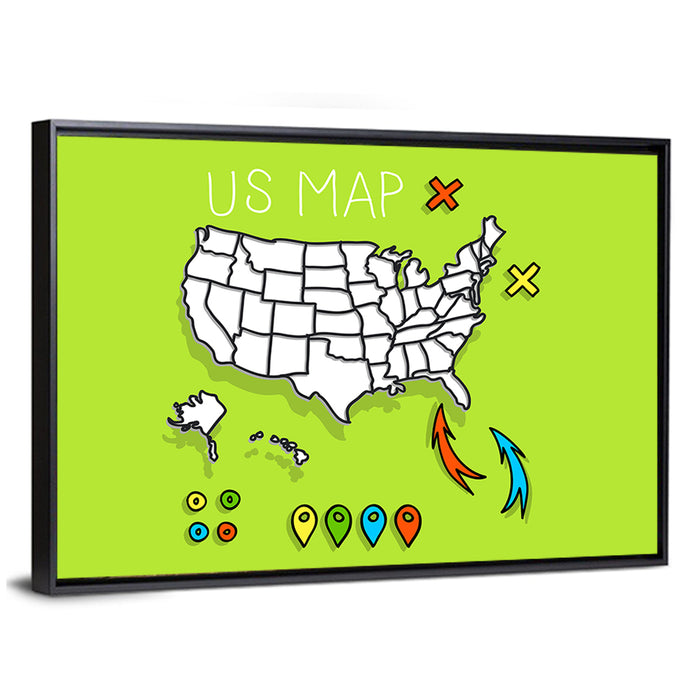 Hand Drawn US Map Wall Art as a framed canvas