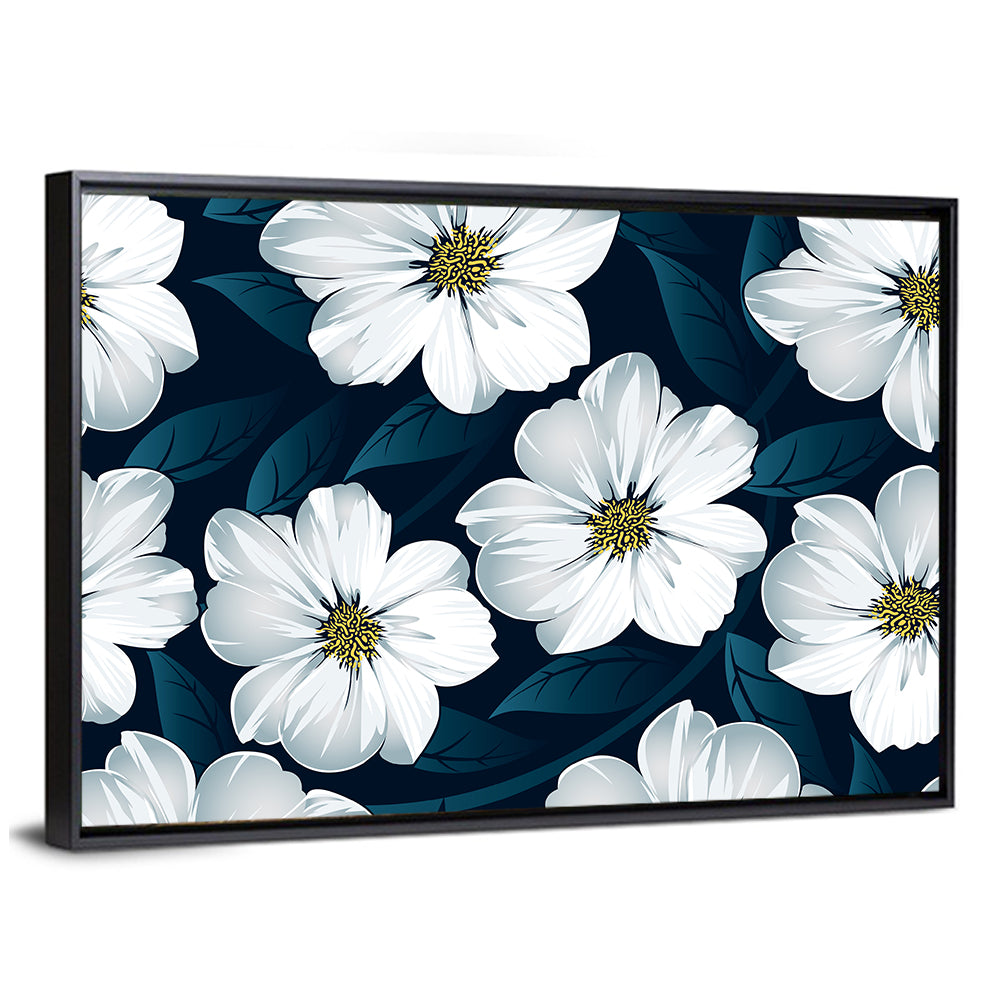 White Flowers on Navy Pattern Wall Art