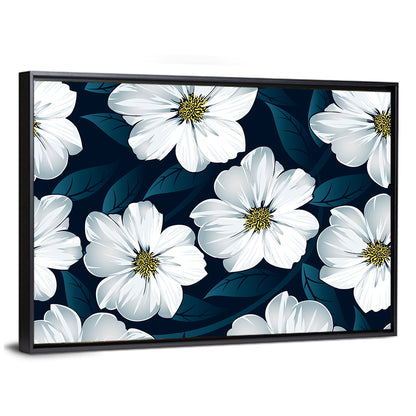 White Flowers on Navy Pattern Wall Art